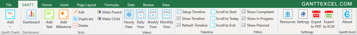 Gantt Excel Ribbon Menu