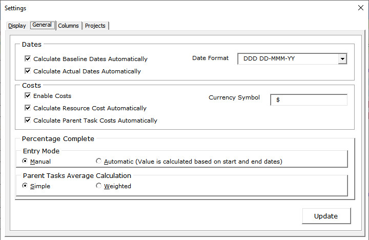 Gantt General Settings