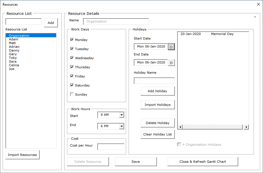 Resource Form with Work Hours