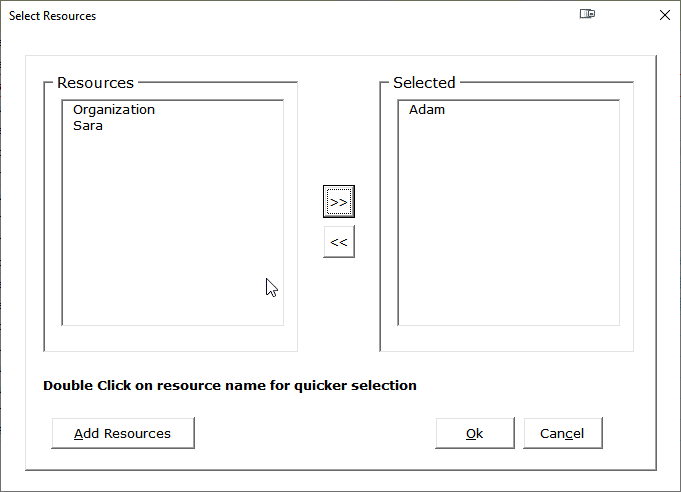 Gantt Excel Resource Selector Form