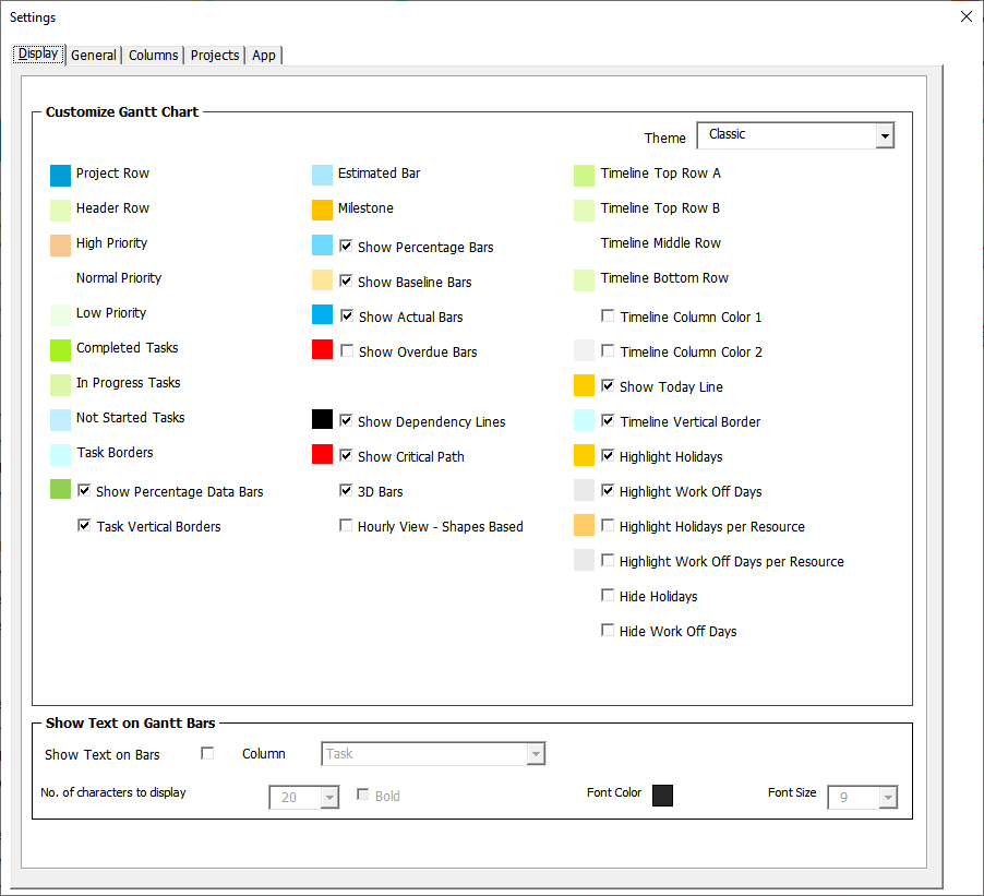 The Settings dialog on the Display tab with the Show Critical Path tickbox ticked and a red Critical colour swatch beside it.