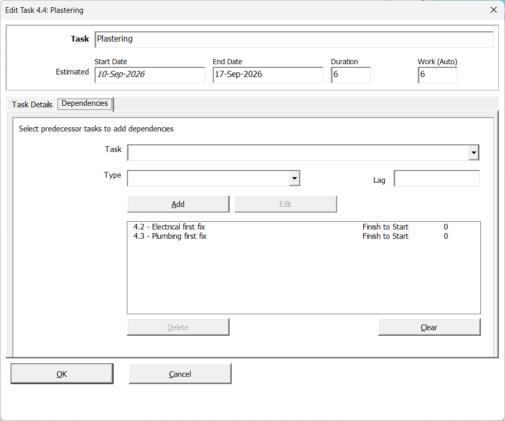 The Gantt Excel Task Form open on the Dependencies tab, showing the Task picker, the Type list, the Lag box, the Add and Edit buttons, and two existing Finish to Start links listed below.