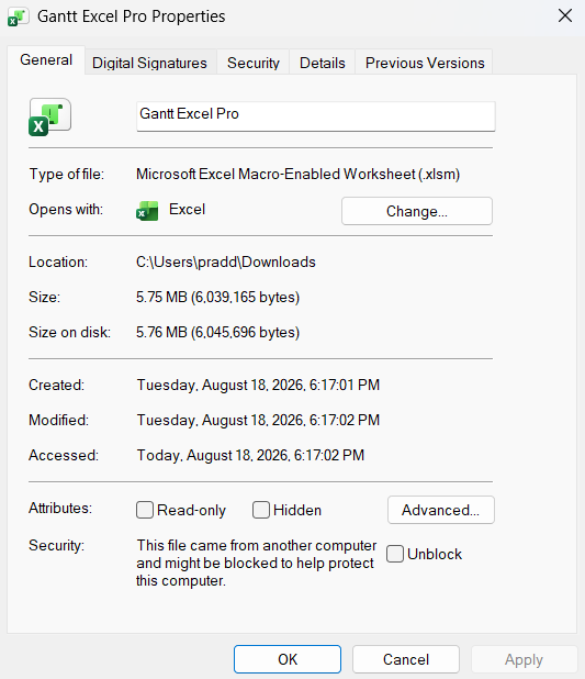 The Windows file Properties dialog, with the Unblock tick box at the bottom of the General tab