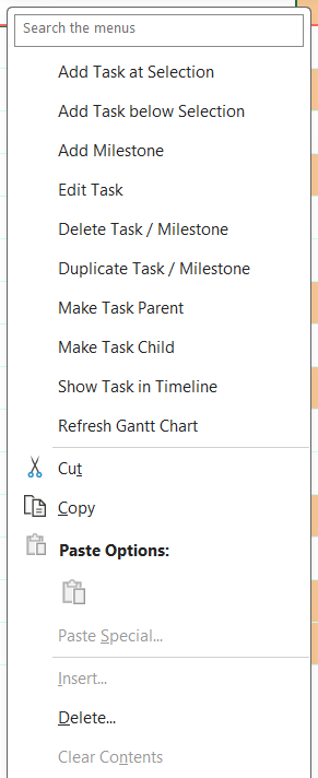 The right-click menu on a task row, with the ten Gantt Excel commands above Excel own Cut, Copy, Insert, Delete and Clear Contents entries