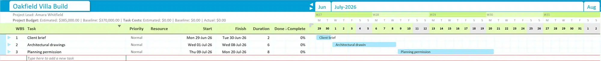 The Oakfield Villa task grid with three tasks — Client brief, Architectural drawings and Planning permission — the greyed Type here to add a new task row beneath them, and the matching bars on a July timeline.