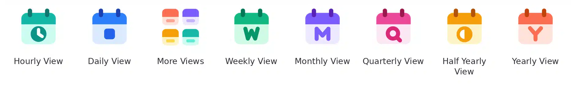 The seven Gantt Excel timeline views on the ribbon: Hourly View, Daily View, More Views, Weekly View, Monthly View, Quarterly View, Half Yearly View and Yearly View.