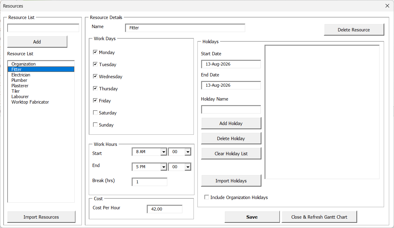 The Gantt Excel Resources window: the resource list on the left with Organization at the top, and for the selected resource the Work Days tick boxes, the Work Hours start and end times, the break, the cost, and the Holidays panel.