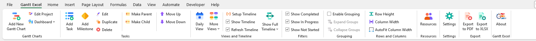 The full Gantt Excel ribbon tab in Microsoft Excel, showing the Gantt Charts, Tasks, Views and Timeline, Filters, Grouping, Rows and Columns, Resources, Settings and Export groups.