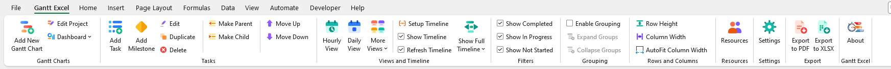 The whole Gantt Excel ribbon tab on an hourly chart, showing all ten sections: Gantt Charts, Tasks, Views and Timeline, Filters, Grouping, Rows and Columns, Resources, Settings, Export and Gantt Excel.