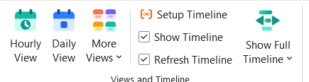 The Views and Timeline group on the Gantt Excel ribbon: Hourly View, Daily View, More Views, Setup Timeline, the Show Timeline and Refresh Timeline tickboxes, and Show Full Timeline