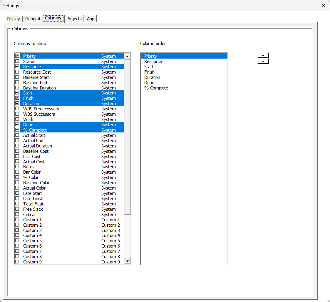 The Columns page of the Settings window, with the tick-box list on the left and the column-order list and spinner on the right.