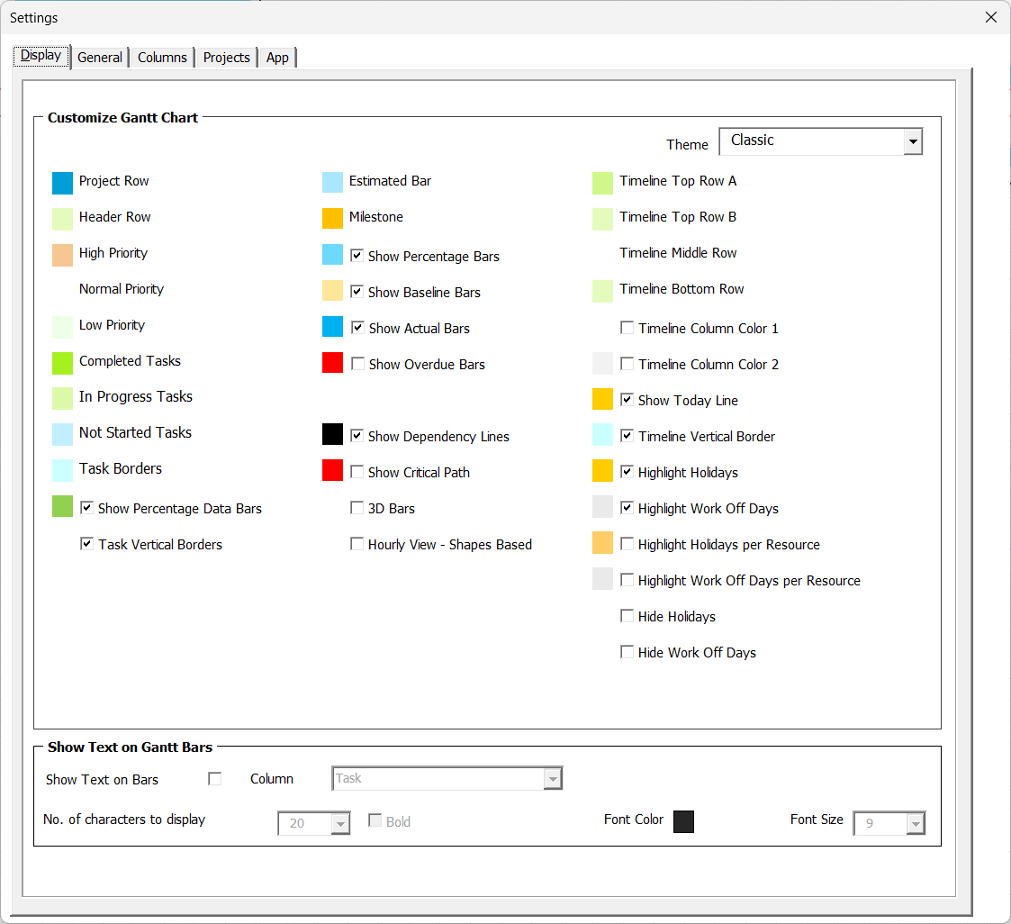 The Settings dialog open on the Display tab: the Theme dropdown at the top and the full grid of colour swatches beneath it, including the priority and status colours.