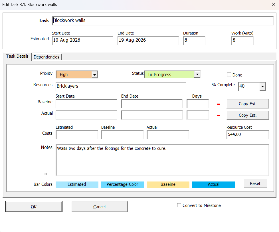 The Task Details tab of the Task Form, populated for Blockwork walls: estimated dates and duration, priority, status, resource, percent complete, costs, notes and bar colours, with OK, Cancel and a Convert to Milestone checkbox along the foot.