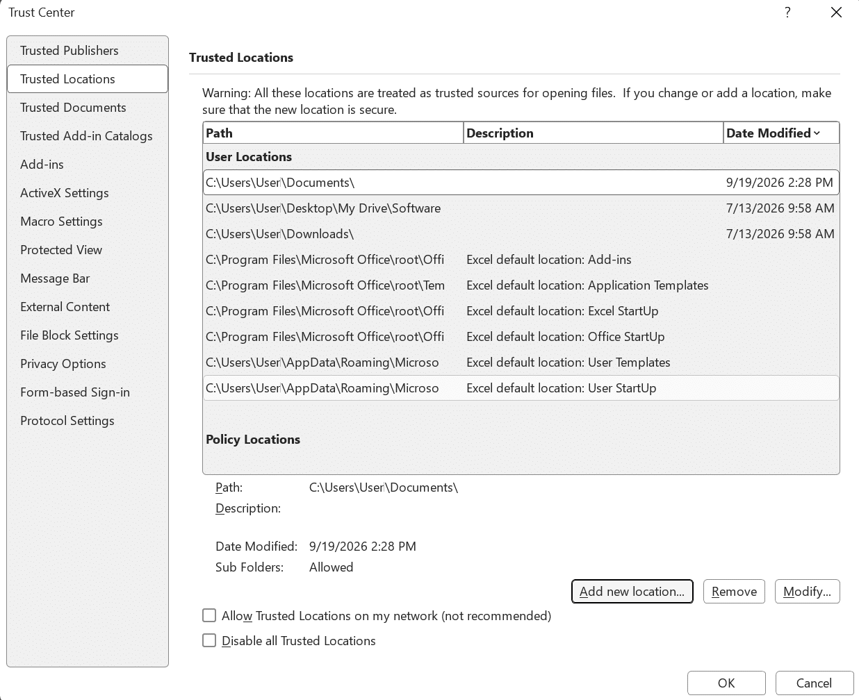The Excel Trust Center showing the Trusted Locations list and the Add new location button