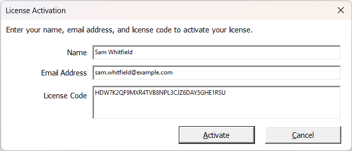 The License Activation window with Name, Email Address and License Code filled in, and the Activate and Cancel buttons below them.